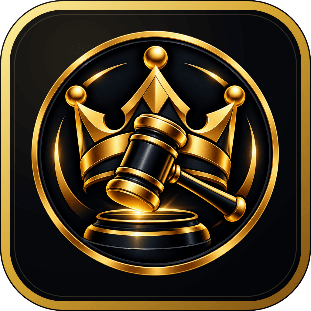 Bid King official gold crown and auction gavel emblem